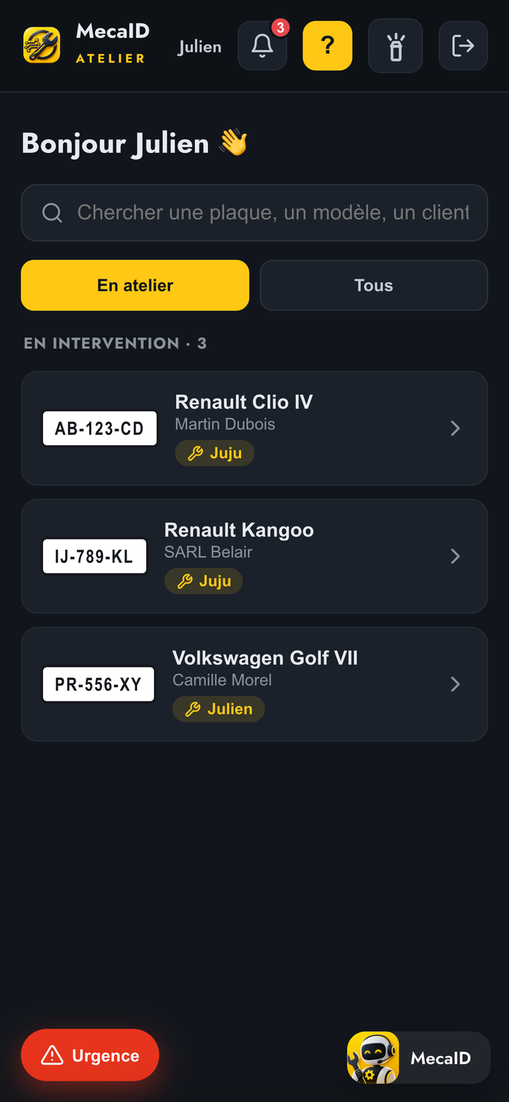 L'app du chef mécano : tout l'atelier, avec le mécano sur chaque voiture
